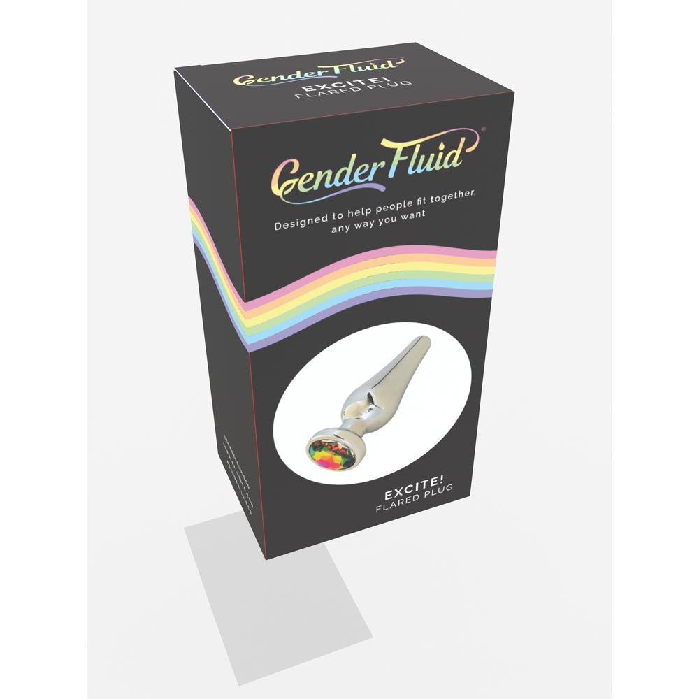 A silver flared anal plug with a rainbow gem on a dark box with rainbow stripes.