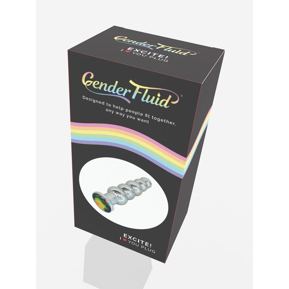 Aluminum alloy anal plug with a heart-shaped base and rainbow accents.