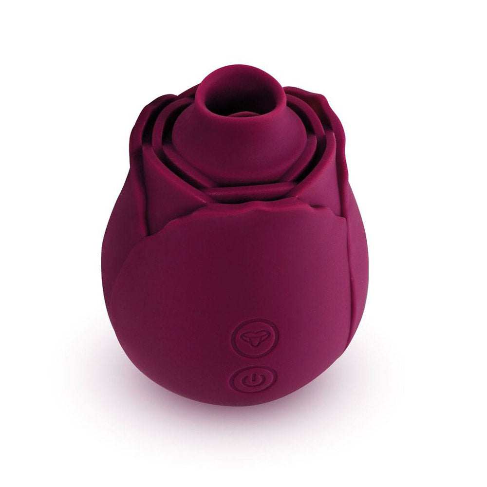A purple rose-shaped clitoral vibrator with two buttons.