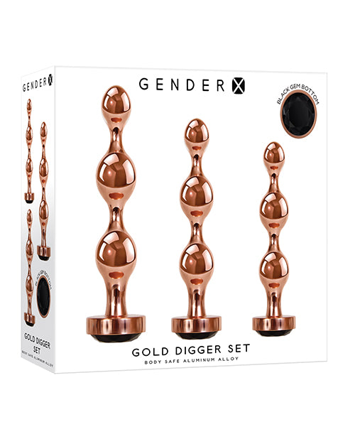 Rose gold metal anal plugs with black gem bases.