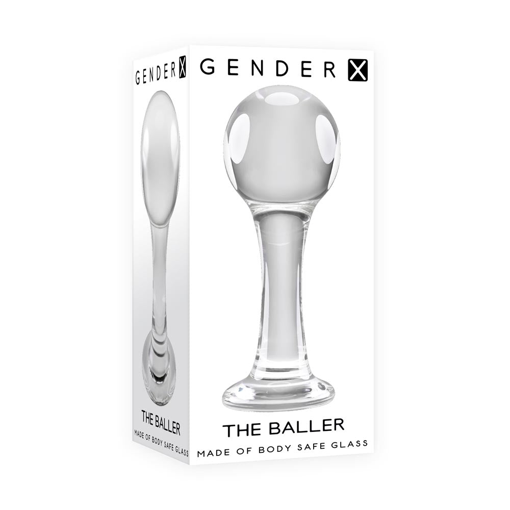 Glass ball anal plug with a wide base on a white background.