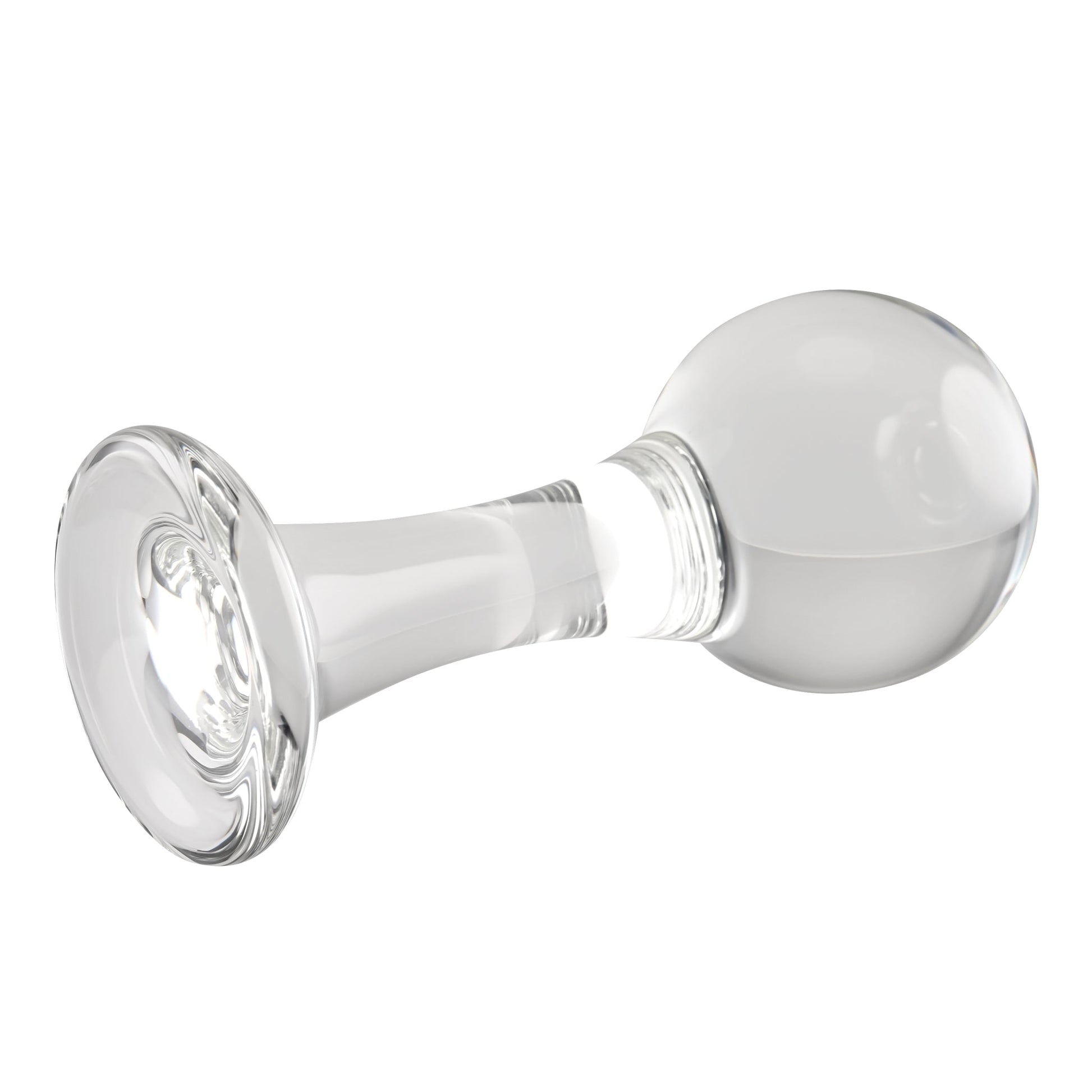 A clear glass anal plug with a spherical tip and a flared base.