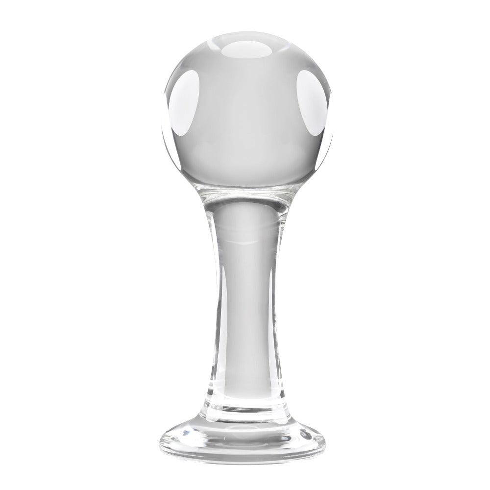 Clear glass anal plug with a spherical head and flared base.