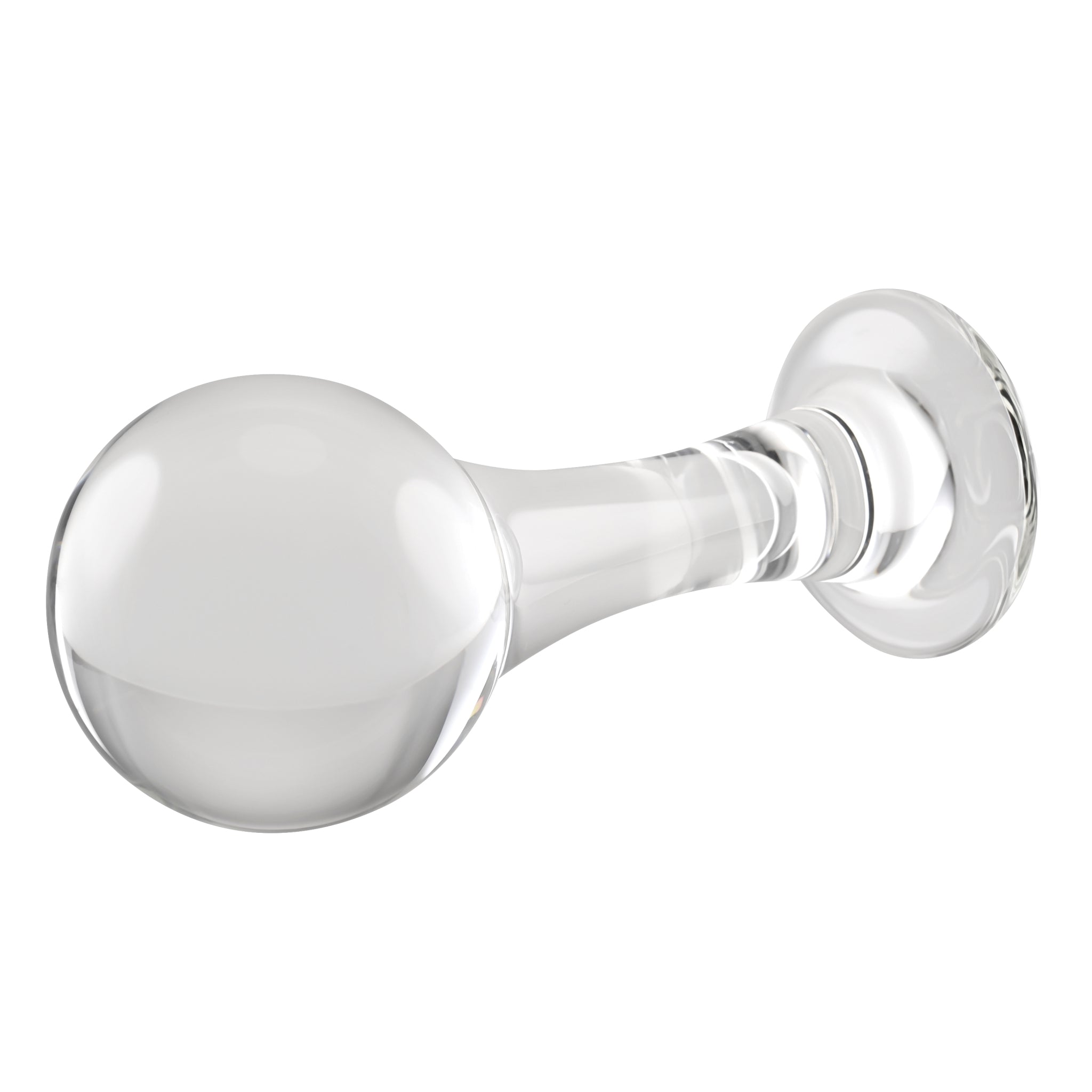 A clear glass anal plug with a spherical tip and a wide base.
