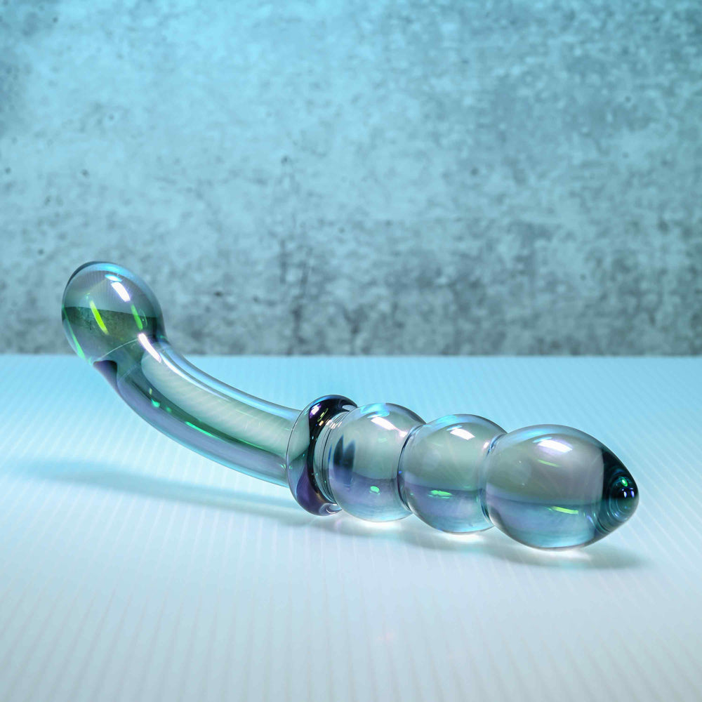 Iridescent glass dual-ended wand massager with a bulbous end and beaded tip.