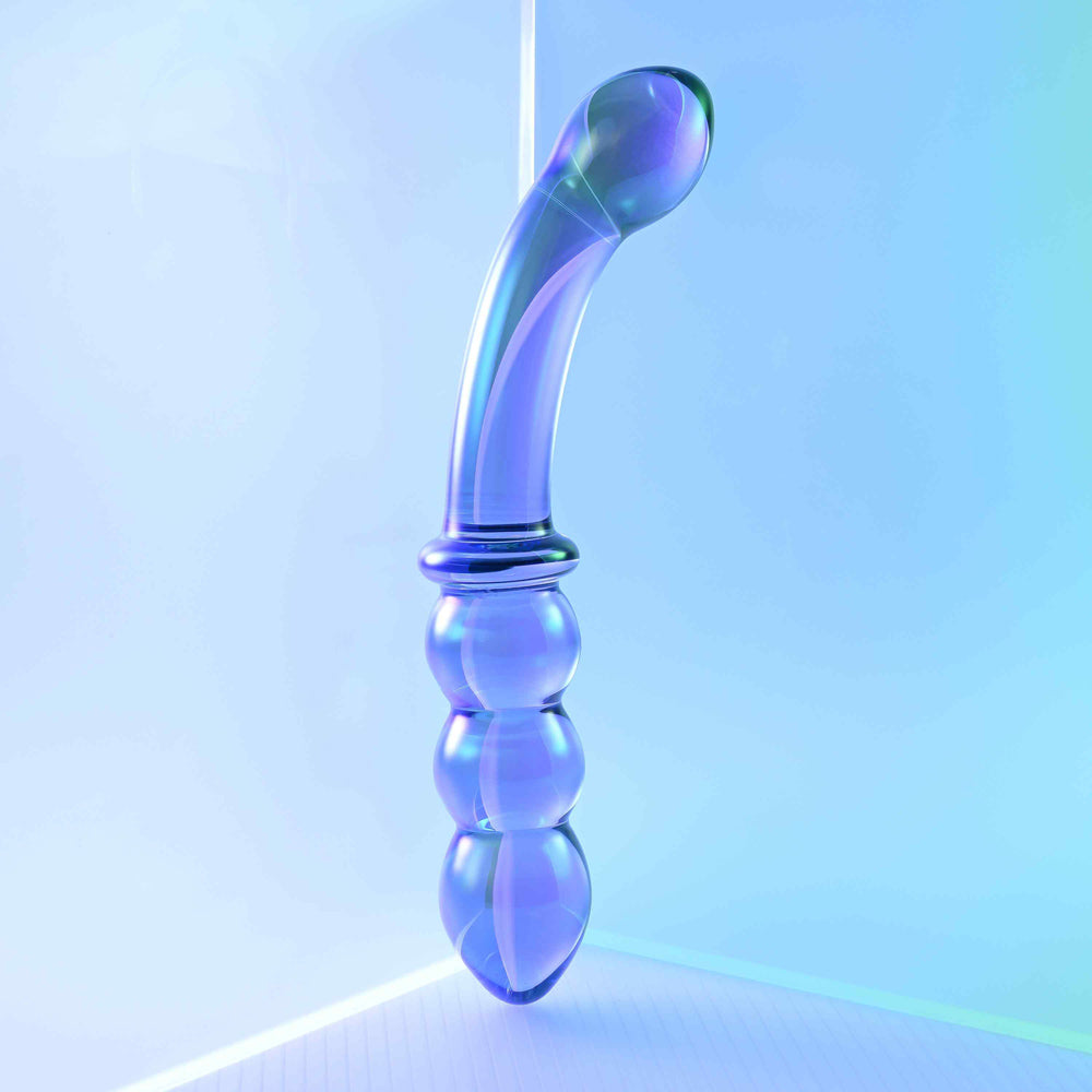 Curved glass wand massager with a bulbous end and triple-beaded end in iridescent blue.