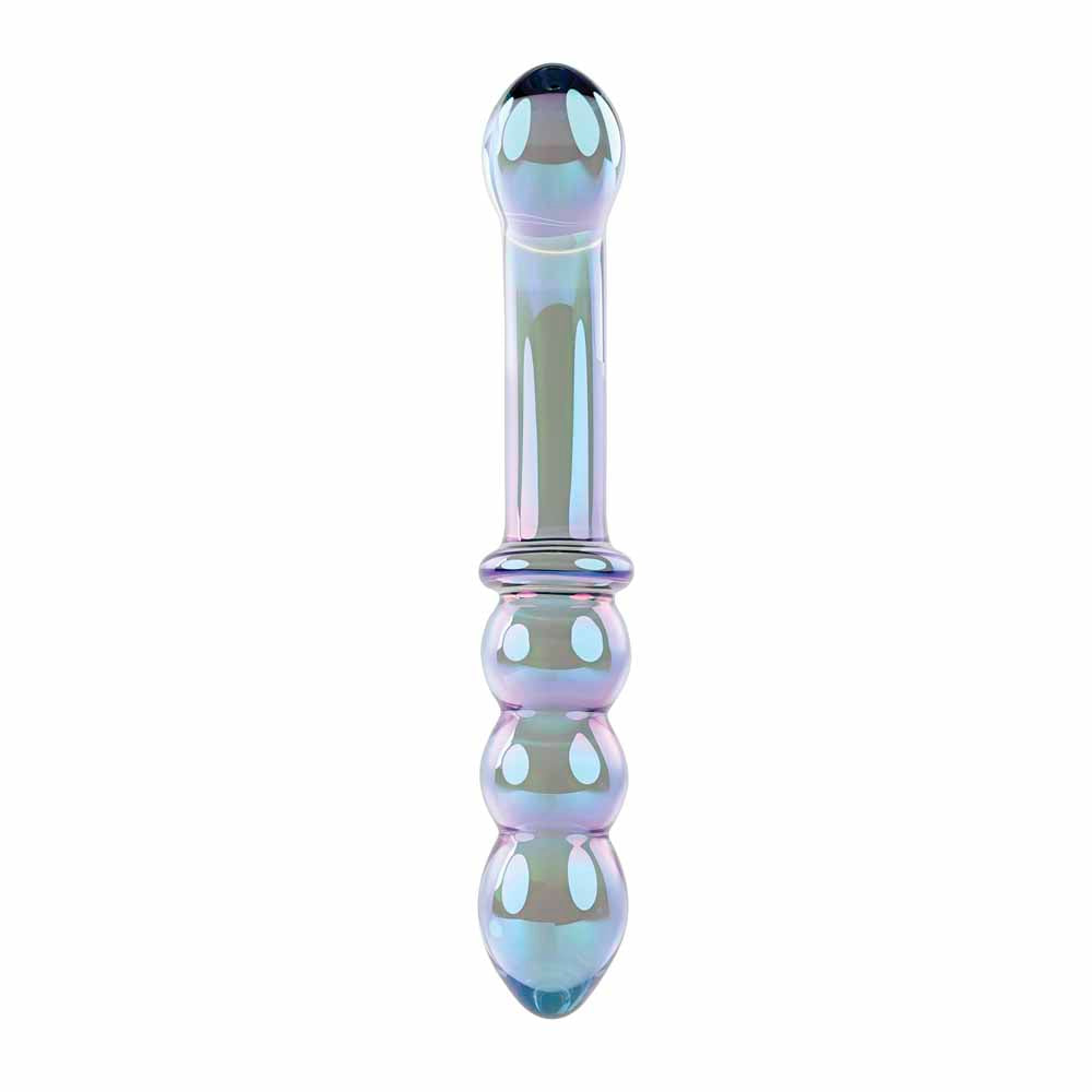 Iridescent glass dual-ended wand massager with bulbous and beaded ends.