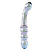 Iridescent glass dual-ended wand massager with a curved end and beaded tip.
