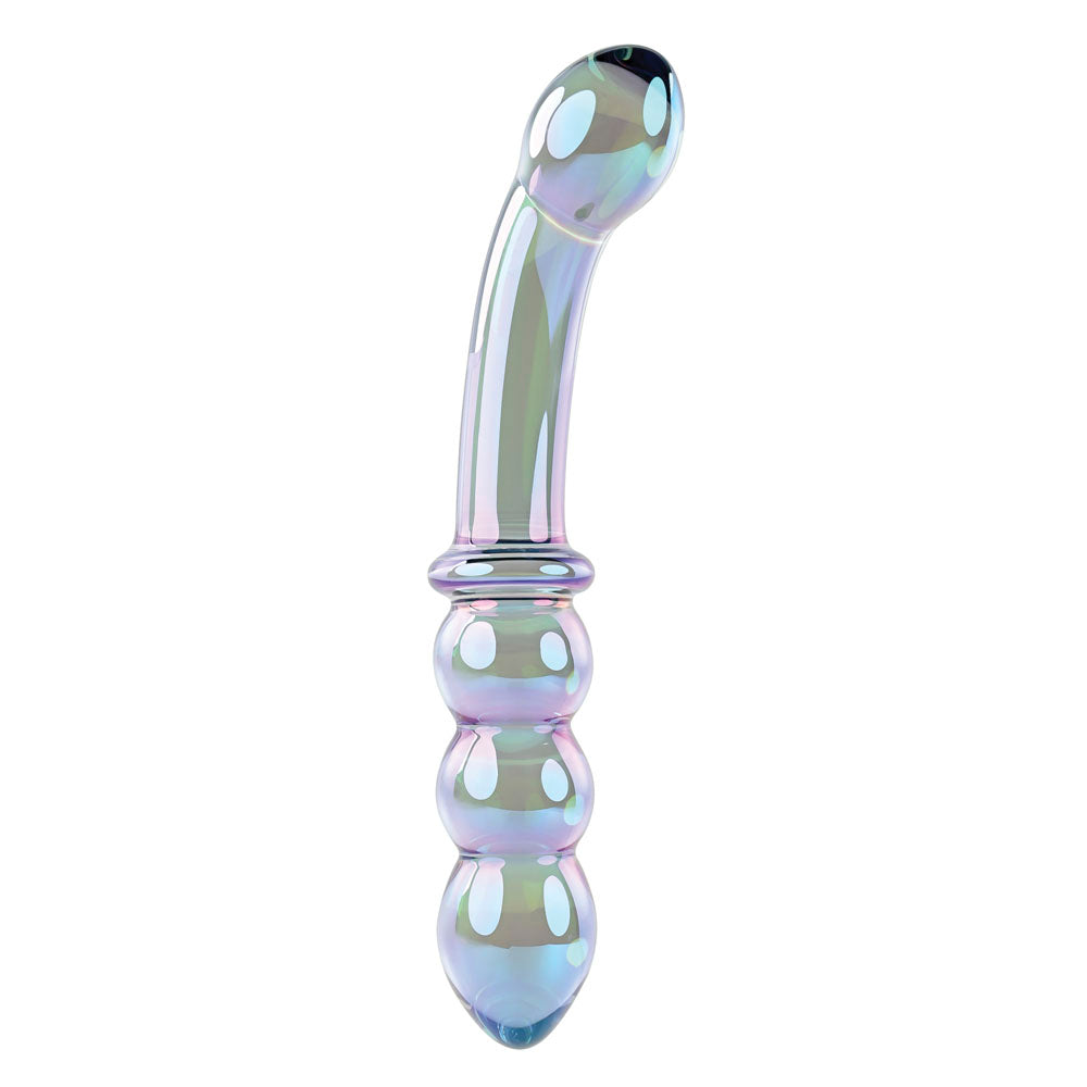 Iridescent glass dual-ended wand massager with a curved end and beaded tip.