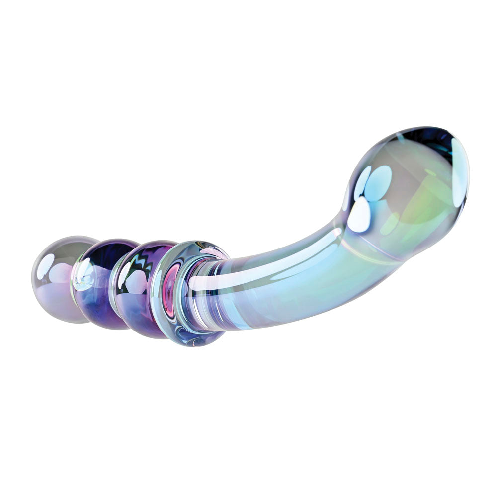 Iridescent glass dual-ended wand massager with a bulbous head and triple-beaded end.