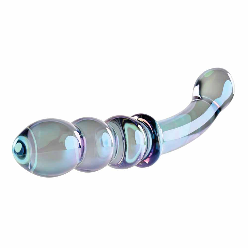 Iridescent glass wand massager with a bulbous end and a triple-beaded end.