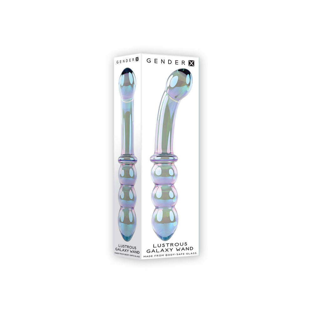 Iridescent glass wand massager with dual ends and beaded accents.