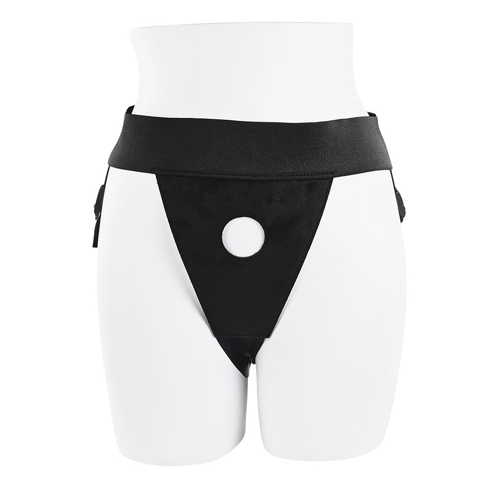 Black strap-on harness with a circular cutout.