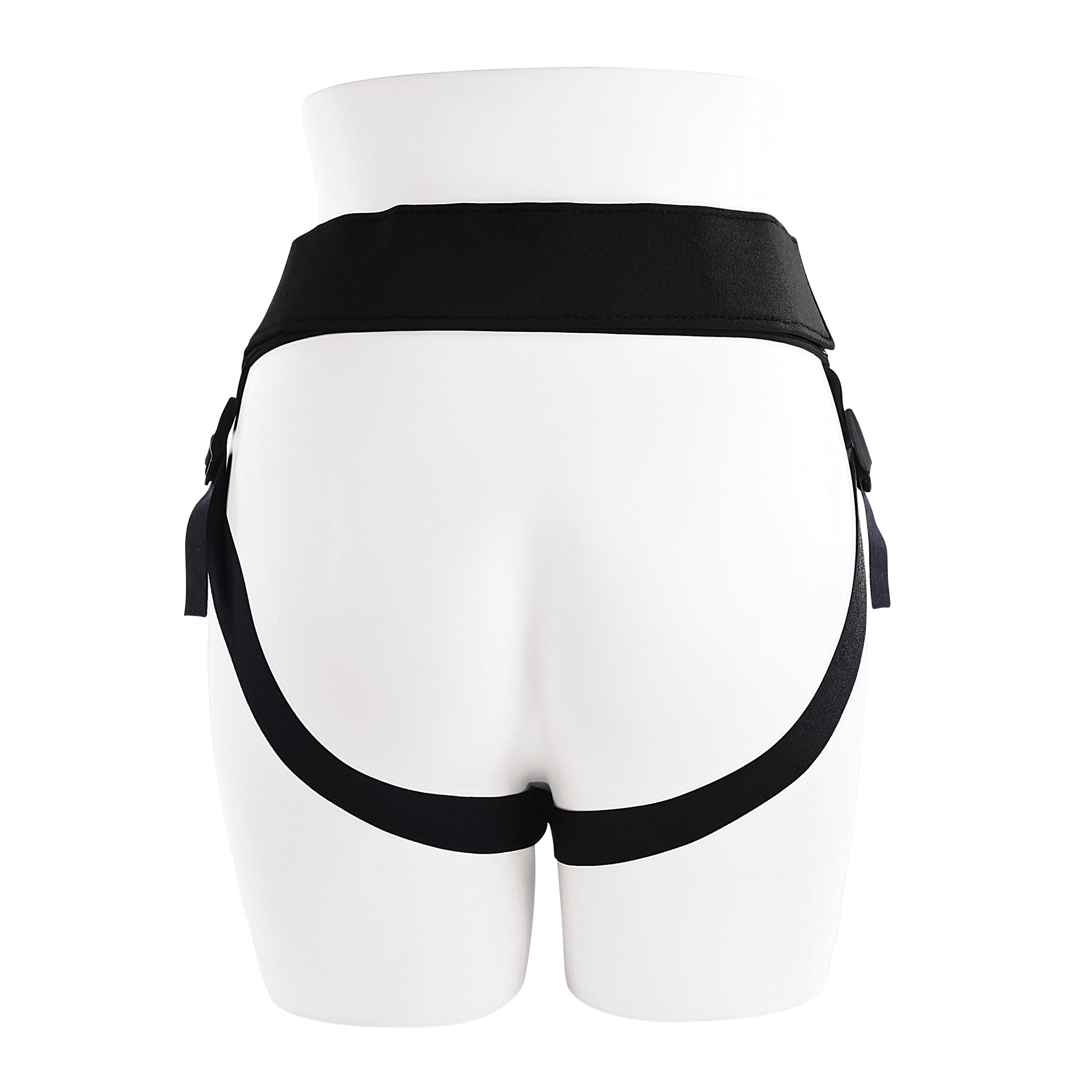 Black harness with adjustable straps on a mannequin.