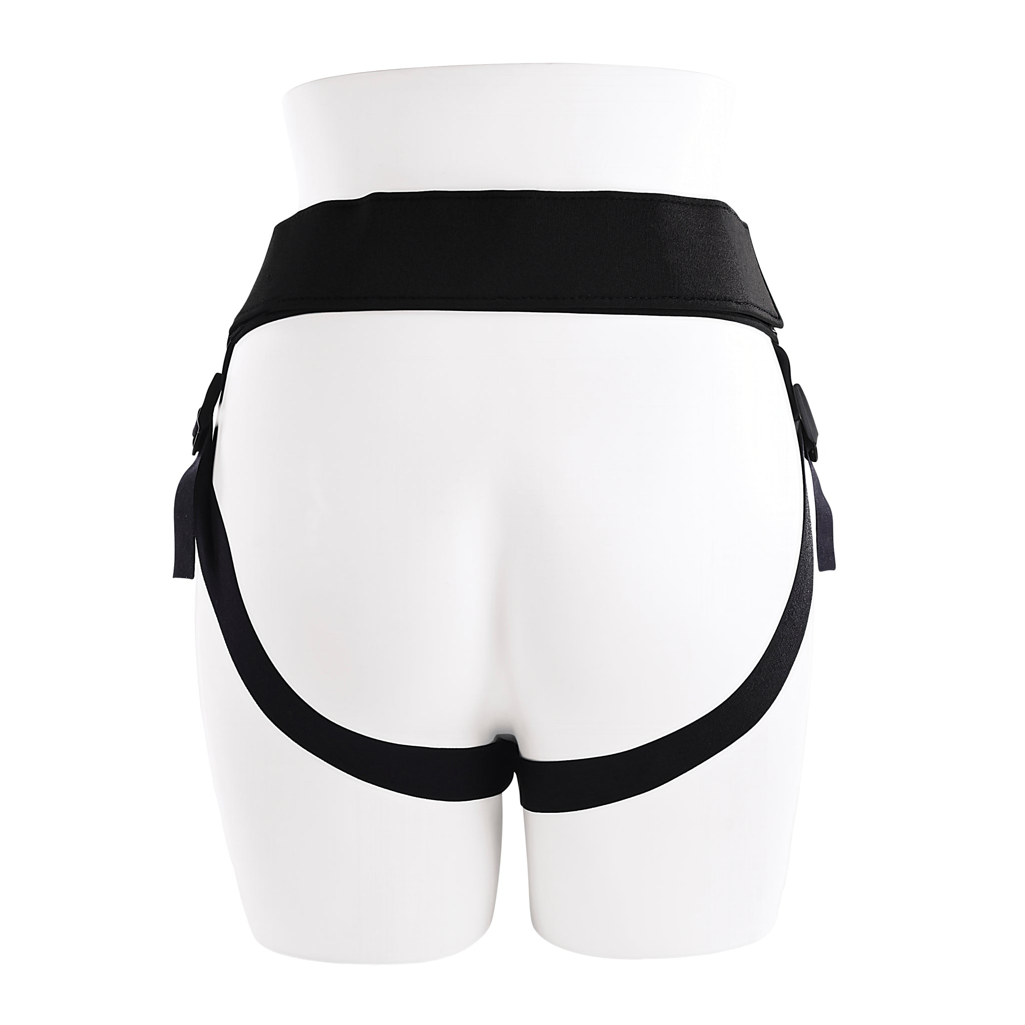 Black harness with adjustable straps on a mannequin.