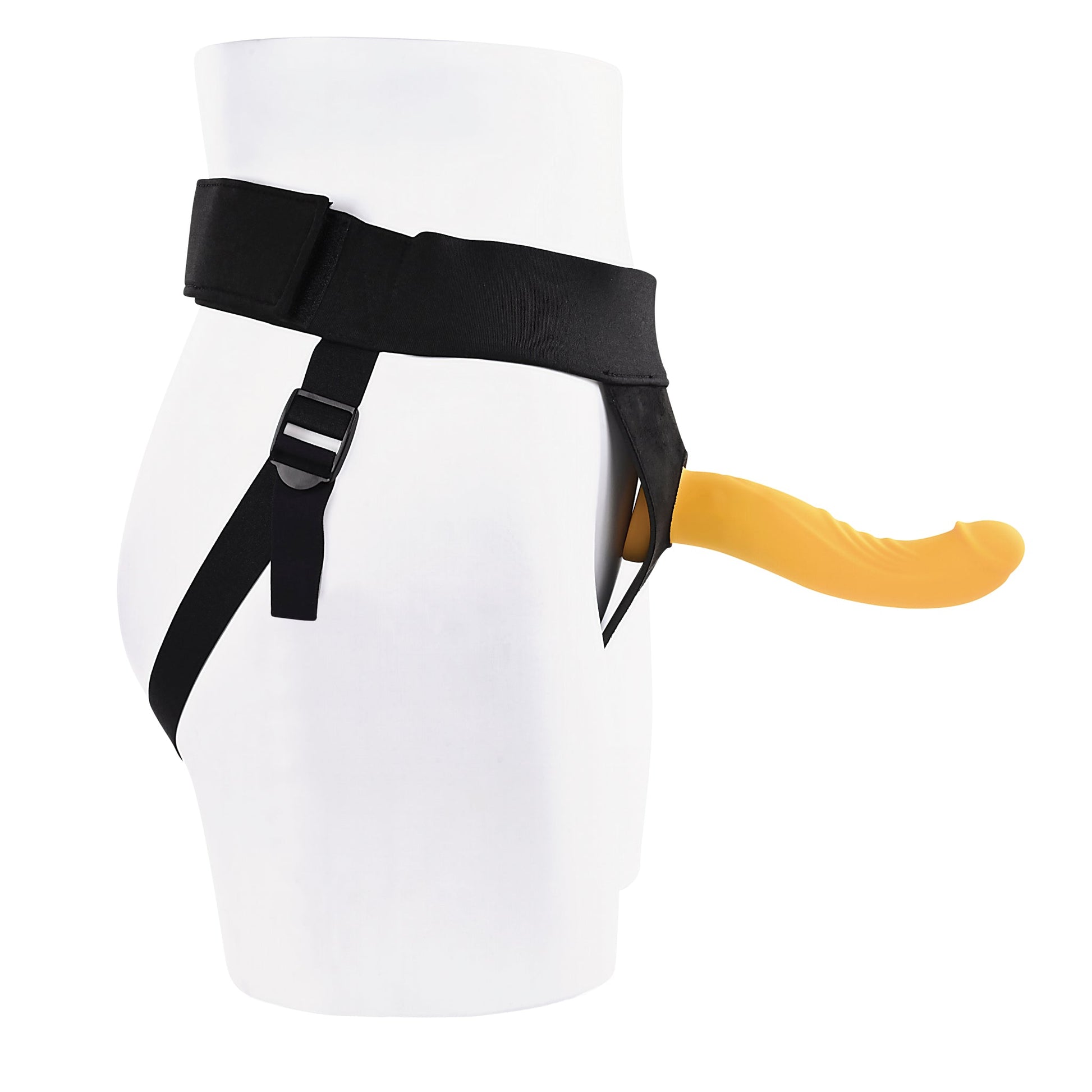 A yellow strap-on dildo with a black harness on a mannequin.