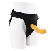 Black strap-on harness with a yellow dildo.