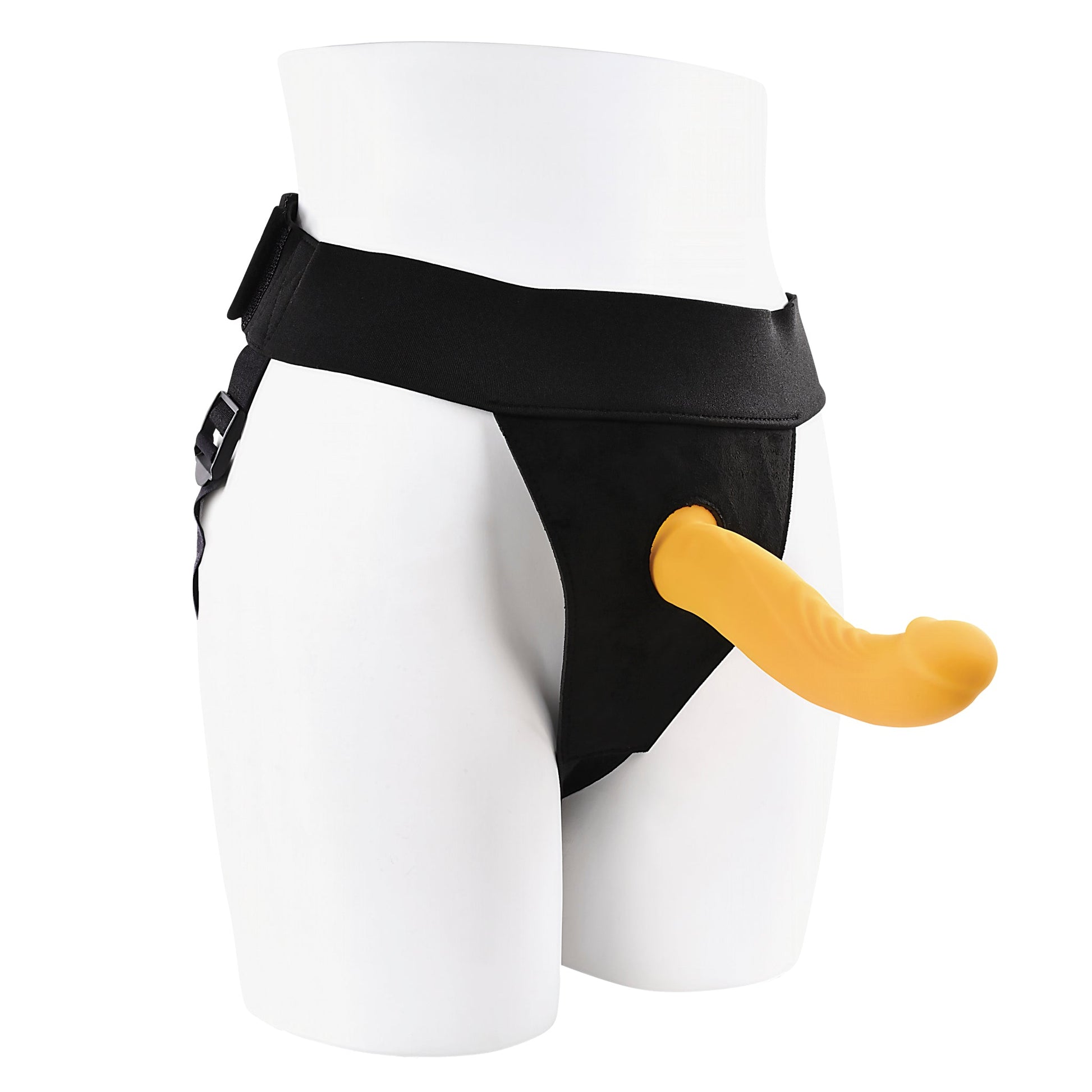 Black strap-on harness with a yellow dildo.