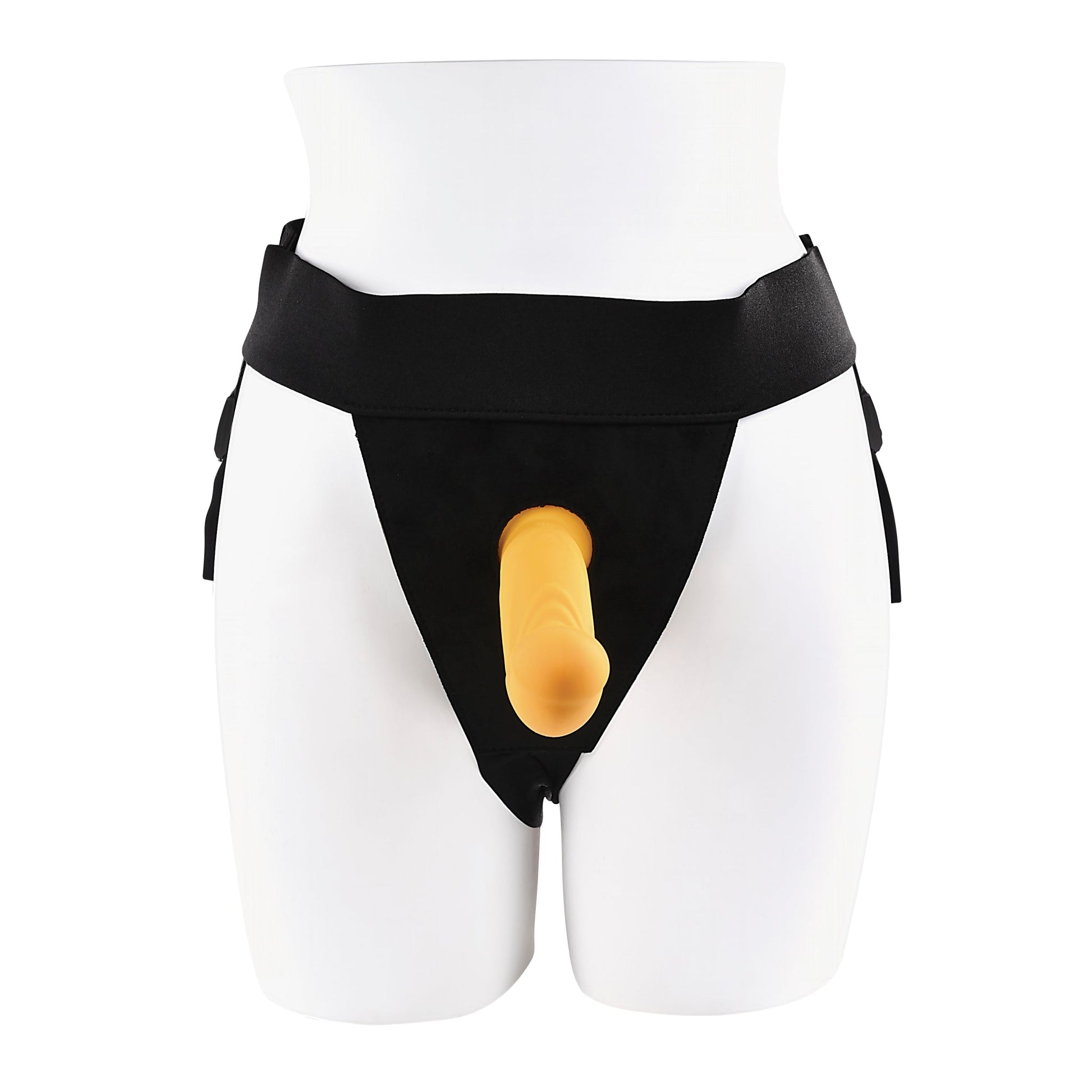 Black strap-on harness with a yellow dildo attachment.