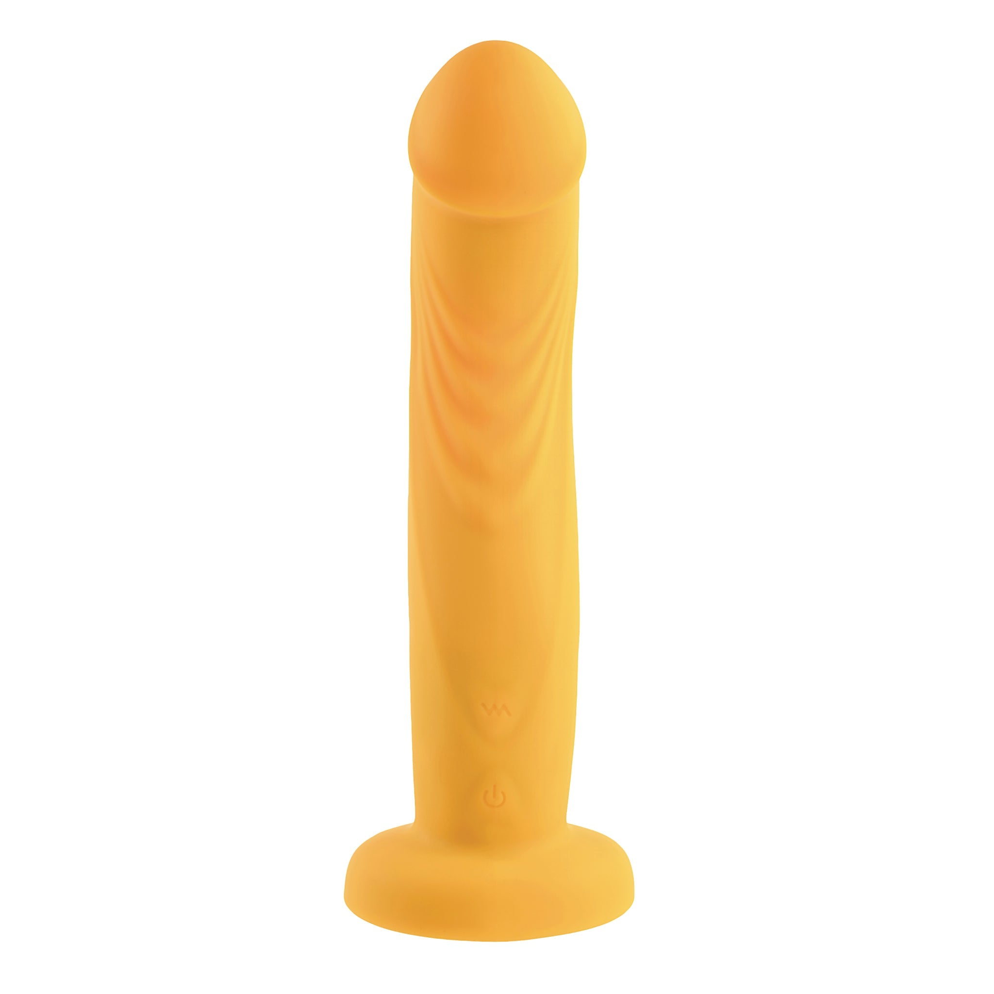 Orange dual motor strap-on with a ribbed texture and a power button.