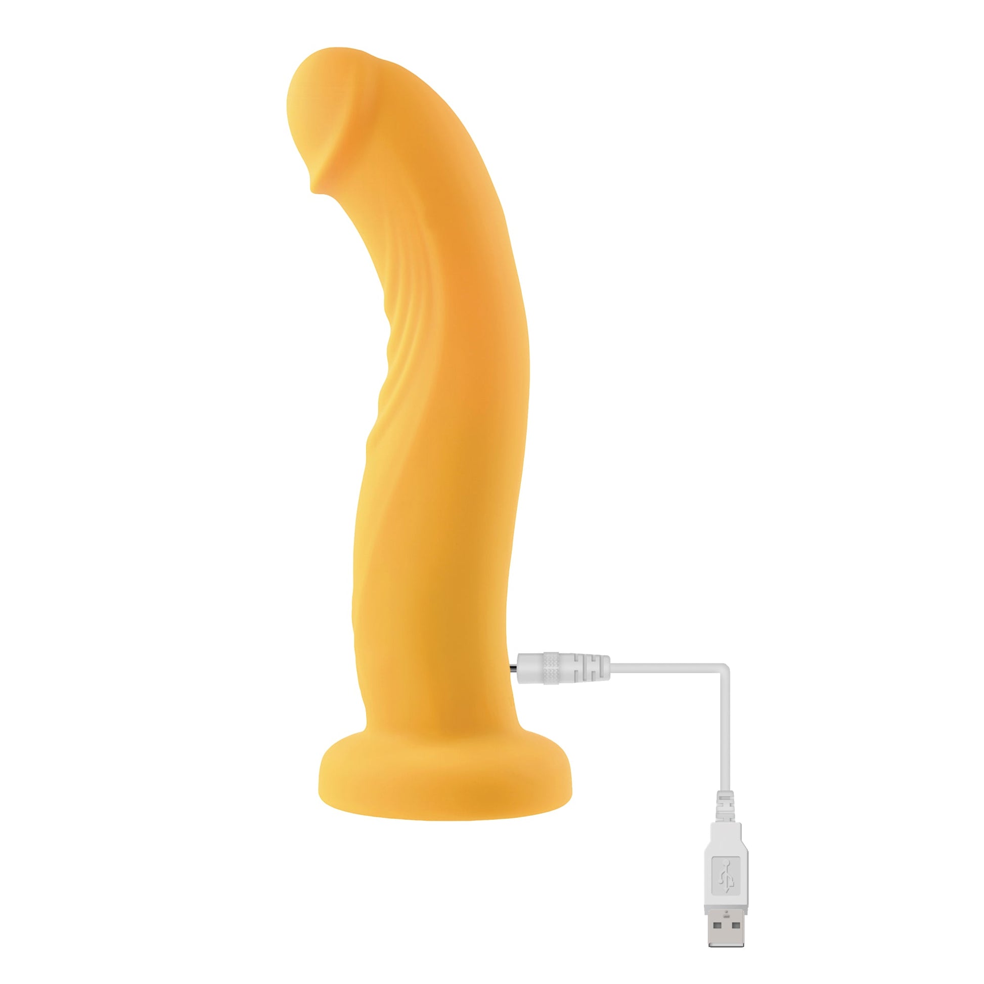 Orange curved vibrator with USB charging cable.
