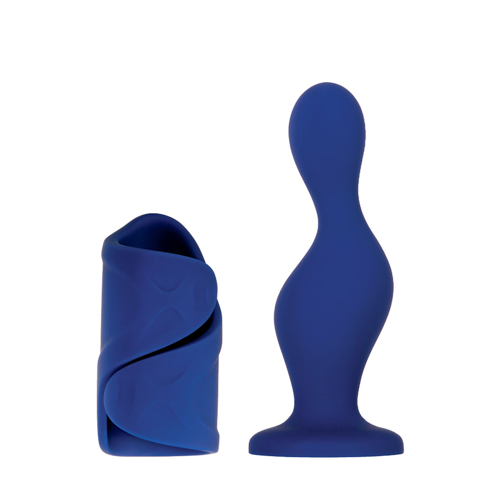 A blue silicone dildo and a blue silicone stroker are shown against a white background.