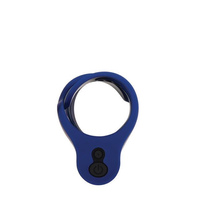 Blue silicone stroker with two black buttons.