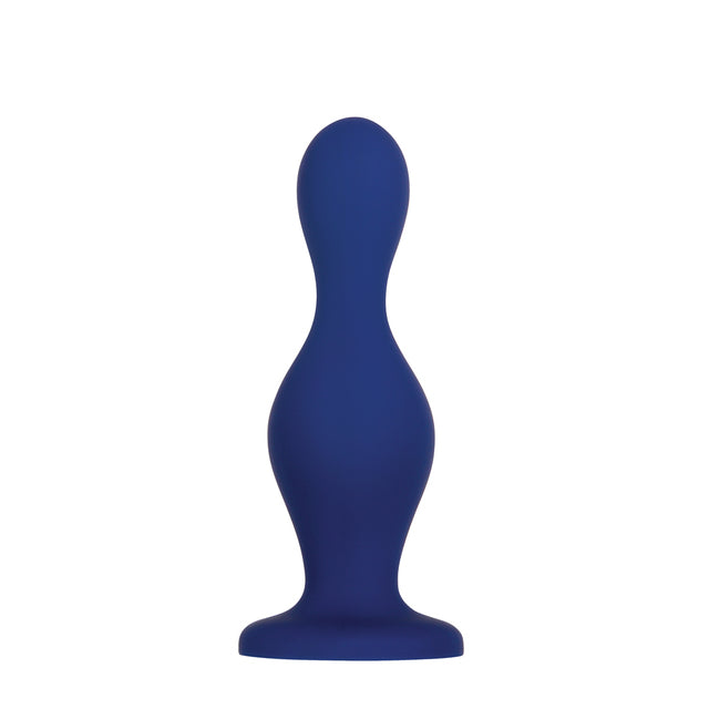 A blue silicone dildo with a flared base.