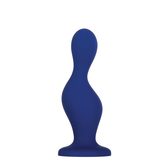 A blue silicone dildo with a flared base and curved body.