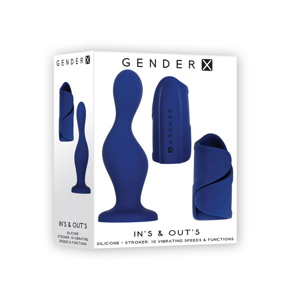 A blue silicone dildo and stroker set with the Gender-X logo.