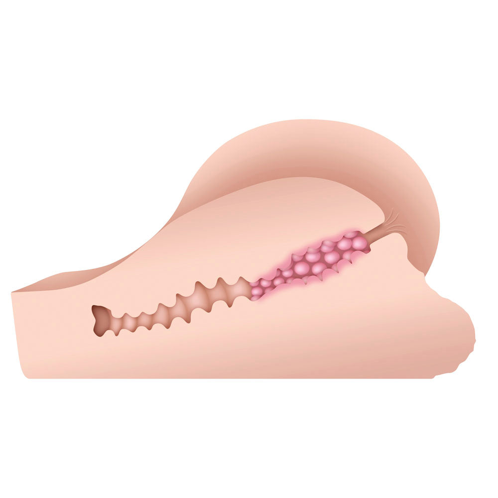 Realistic butt stroker with textured interior and pink beaded texture.