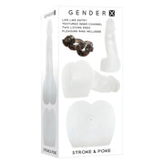 A clear stroker with textured interior and a vibrating ring.