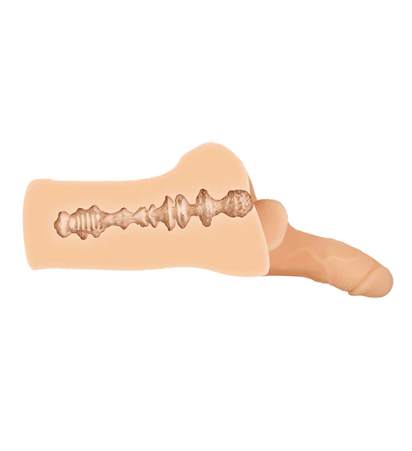 Textured stroking toy with a ribbed interior and a vibrating ring.