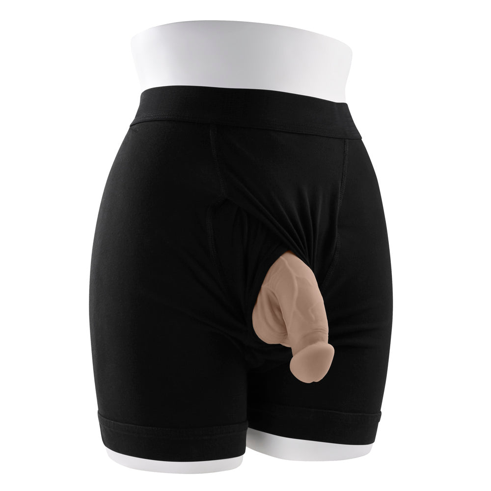 Black boxer briefs with a light-colored, realistic packer.