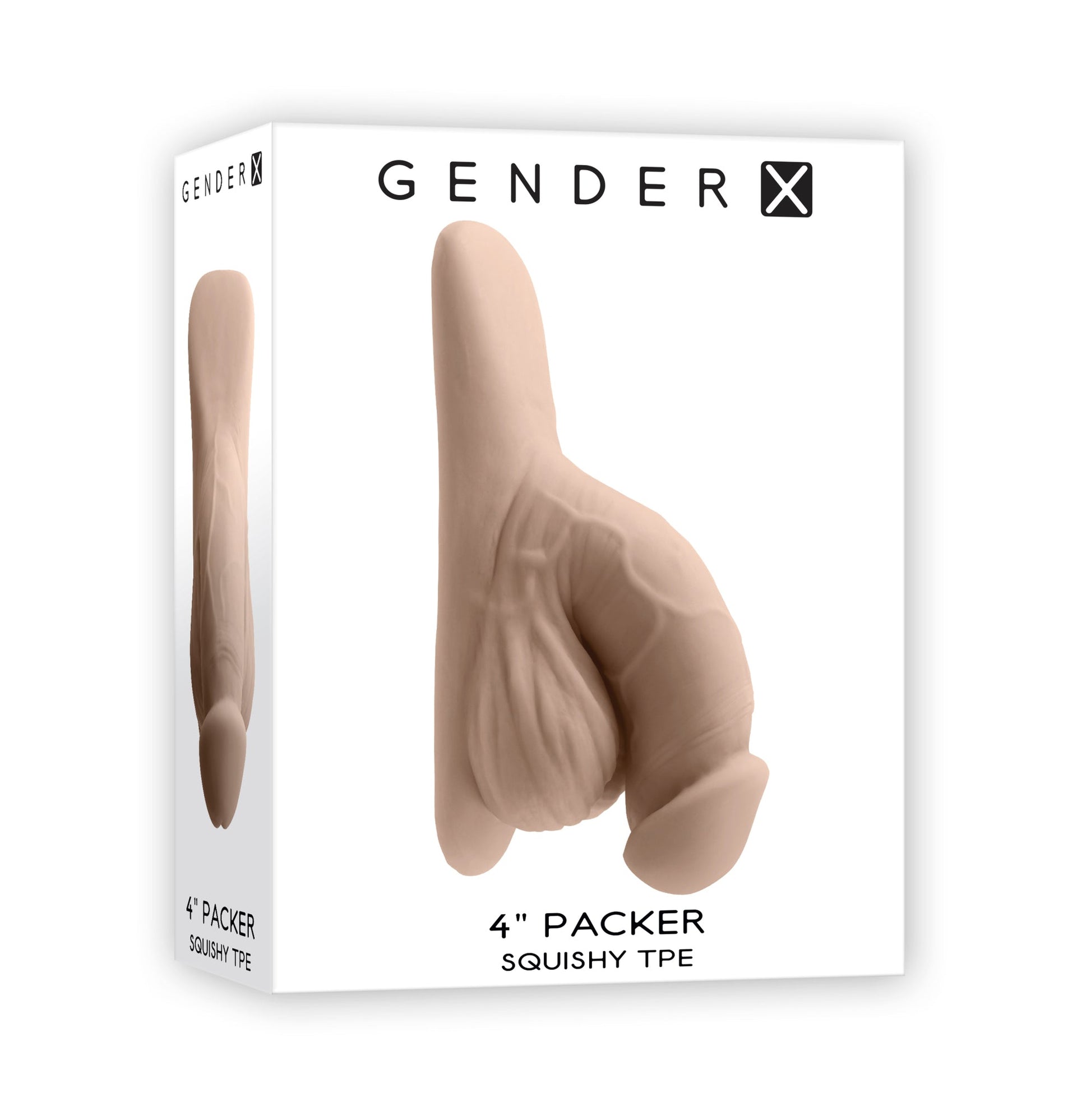 Boxed 4-inch light tan squishy TPE realistic packer with veins and wrinkles.
