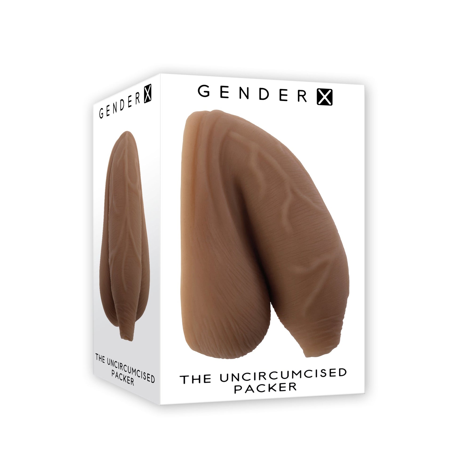 Uncircumcised soft TPE packer in waterproof Gender-X packaging, tan color.