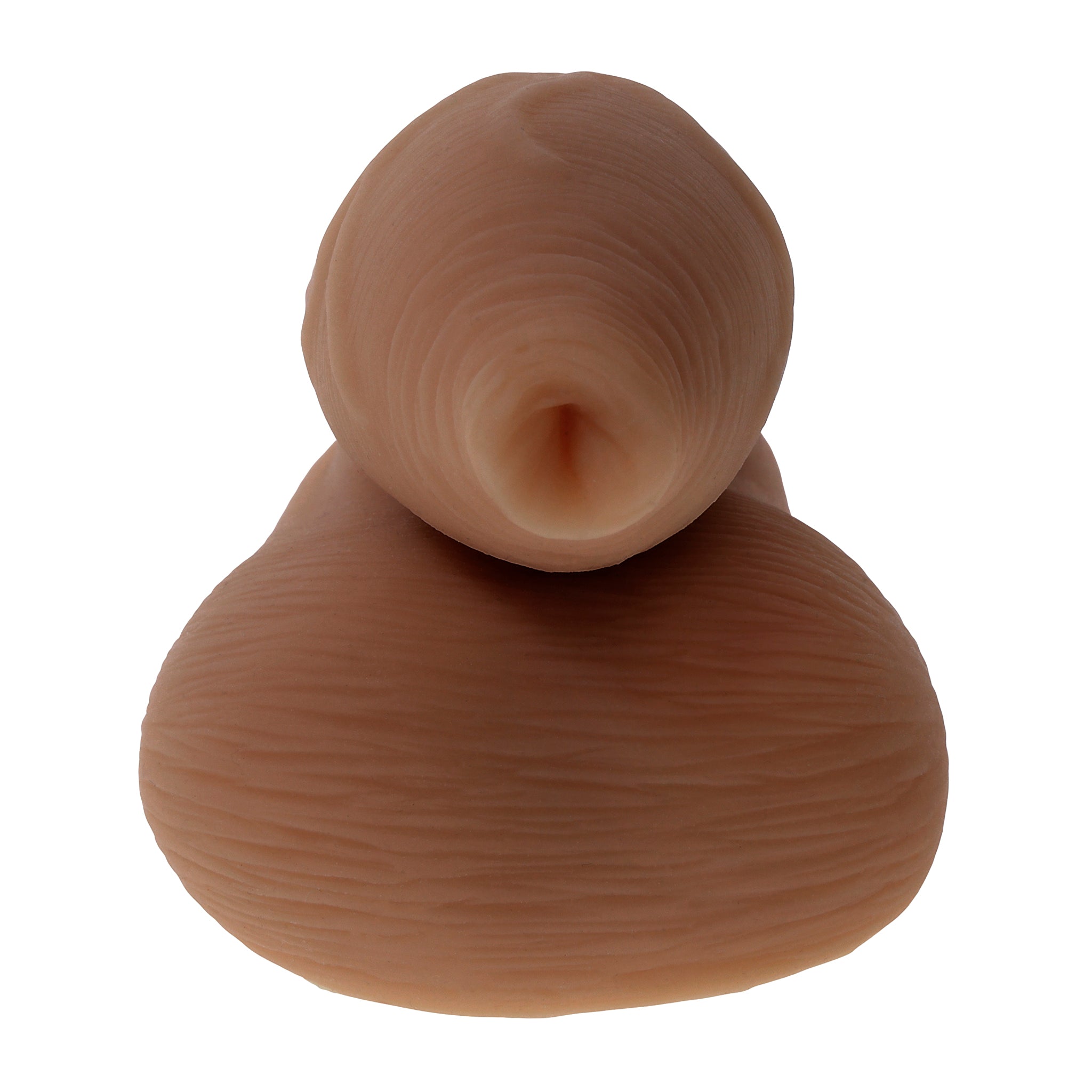 Uncircumcised soft TPE packer with realistic texture and a central opening.
