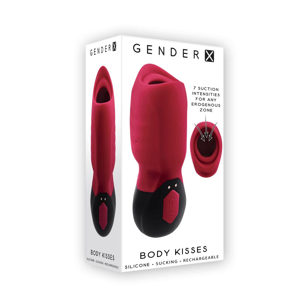 A red and black silicone suction massager with "Gender X" branding.