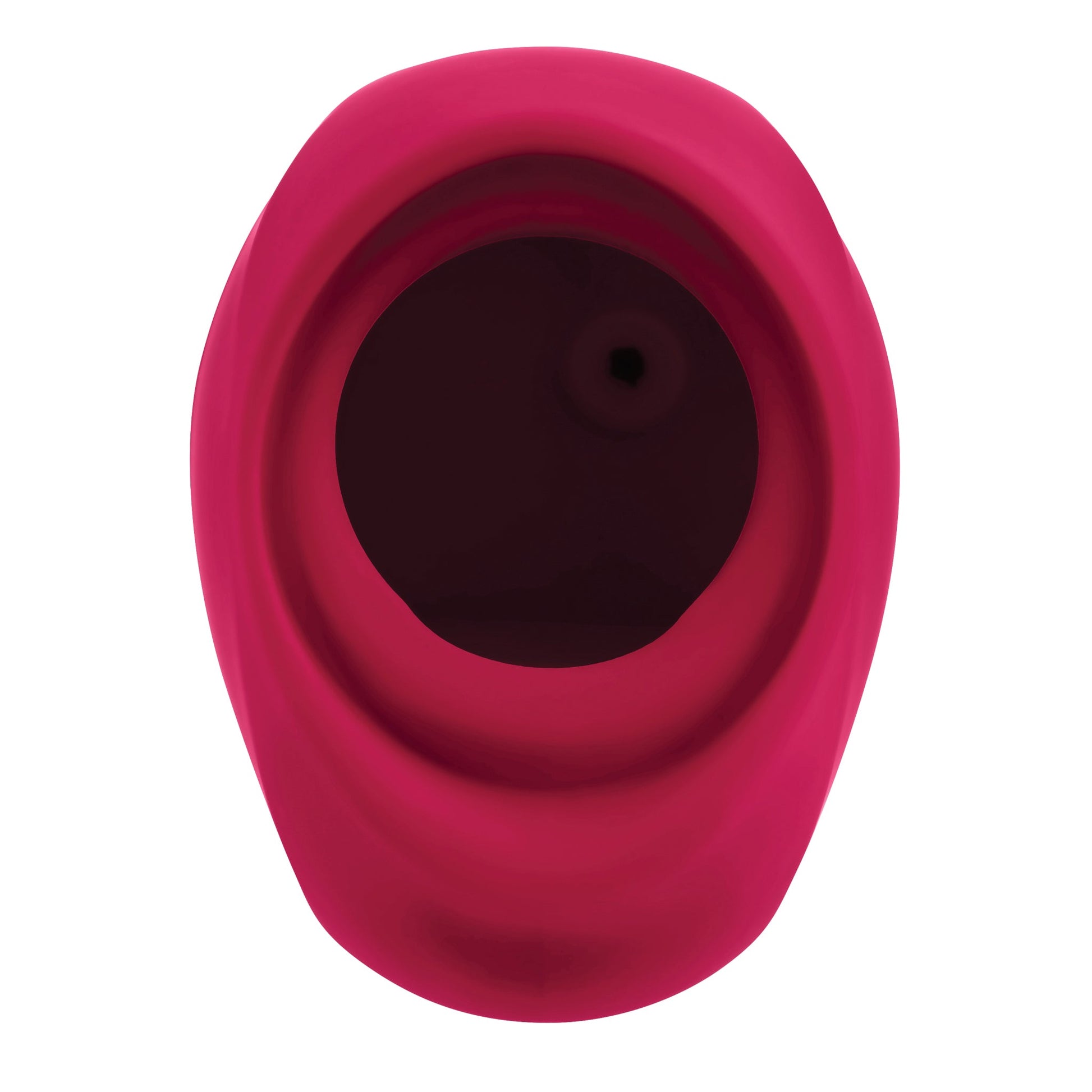Pink silicone suction massager with a dark interior.