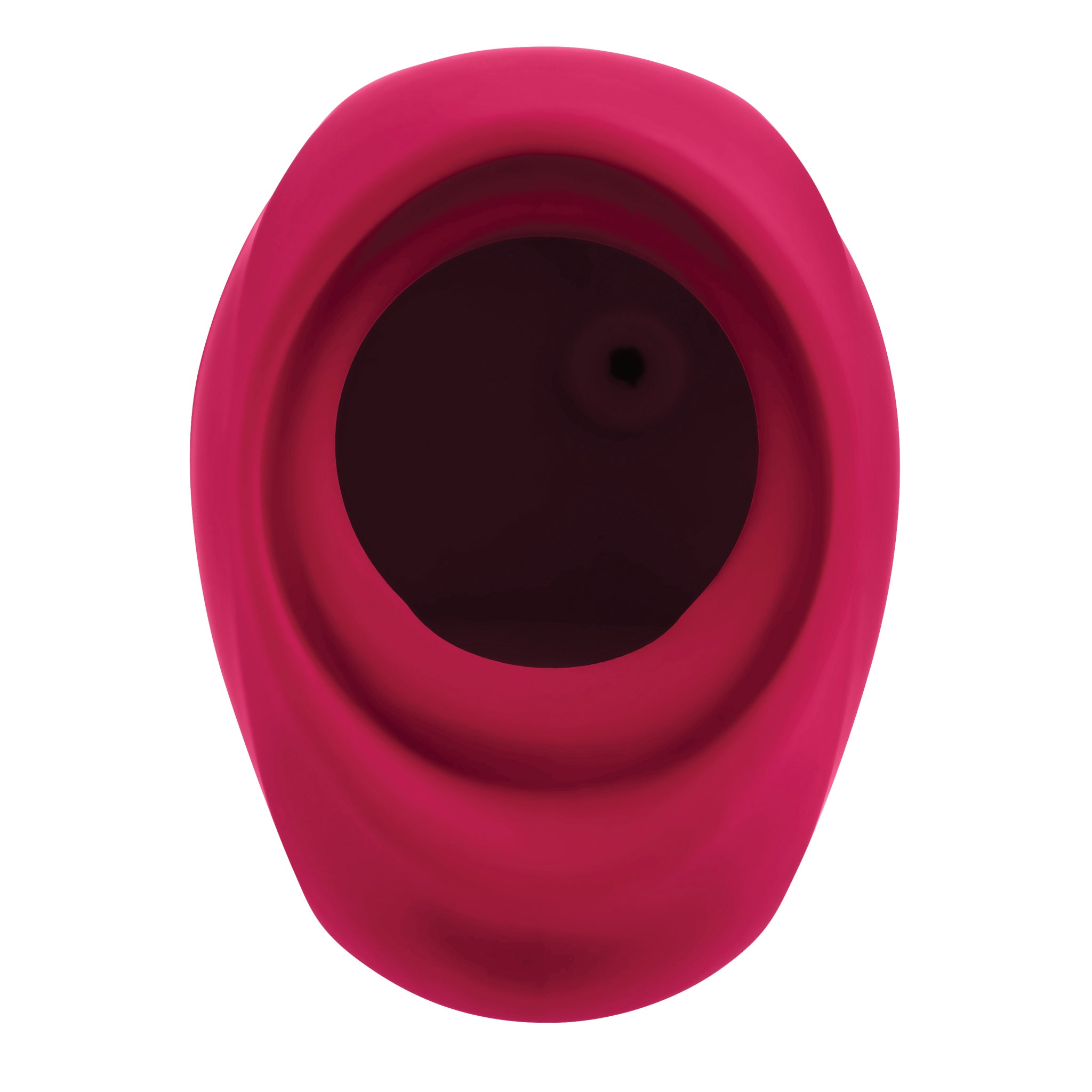 Pink silicone suction massager with a dark interior.