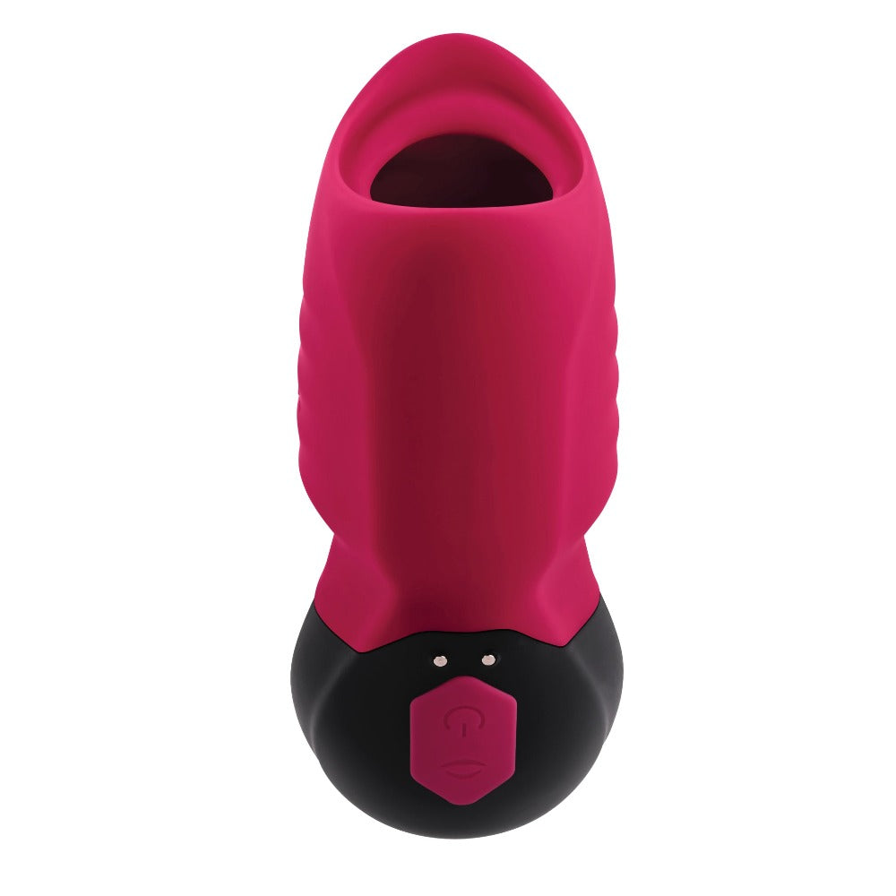 A pink and black rechargeable silicone suction massager with a hexagonal button.