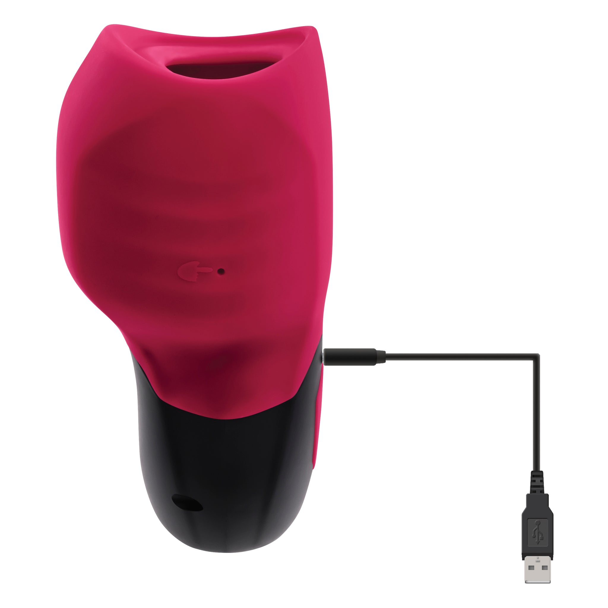 A pink and black rechargeable silicone suction massager with a USB charging cable.
