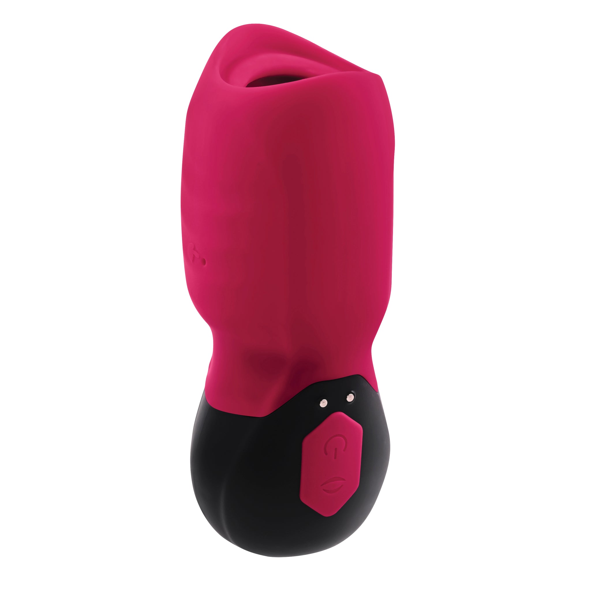 A pink and black rechargeable silicone suction massager with a power button.