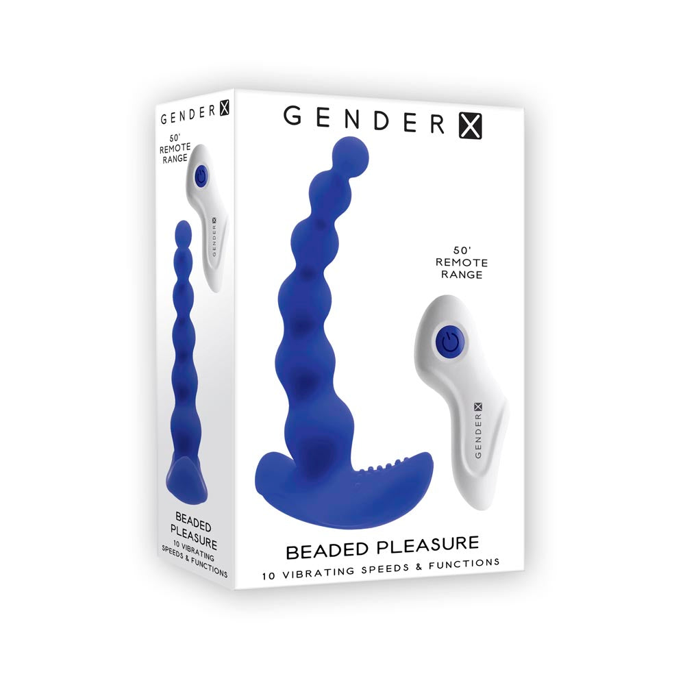 A blue beaded vibrator with a remote control, featuring 10 speeds and functions.