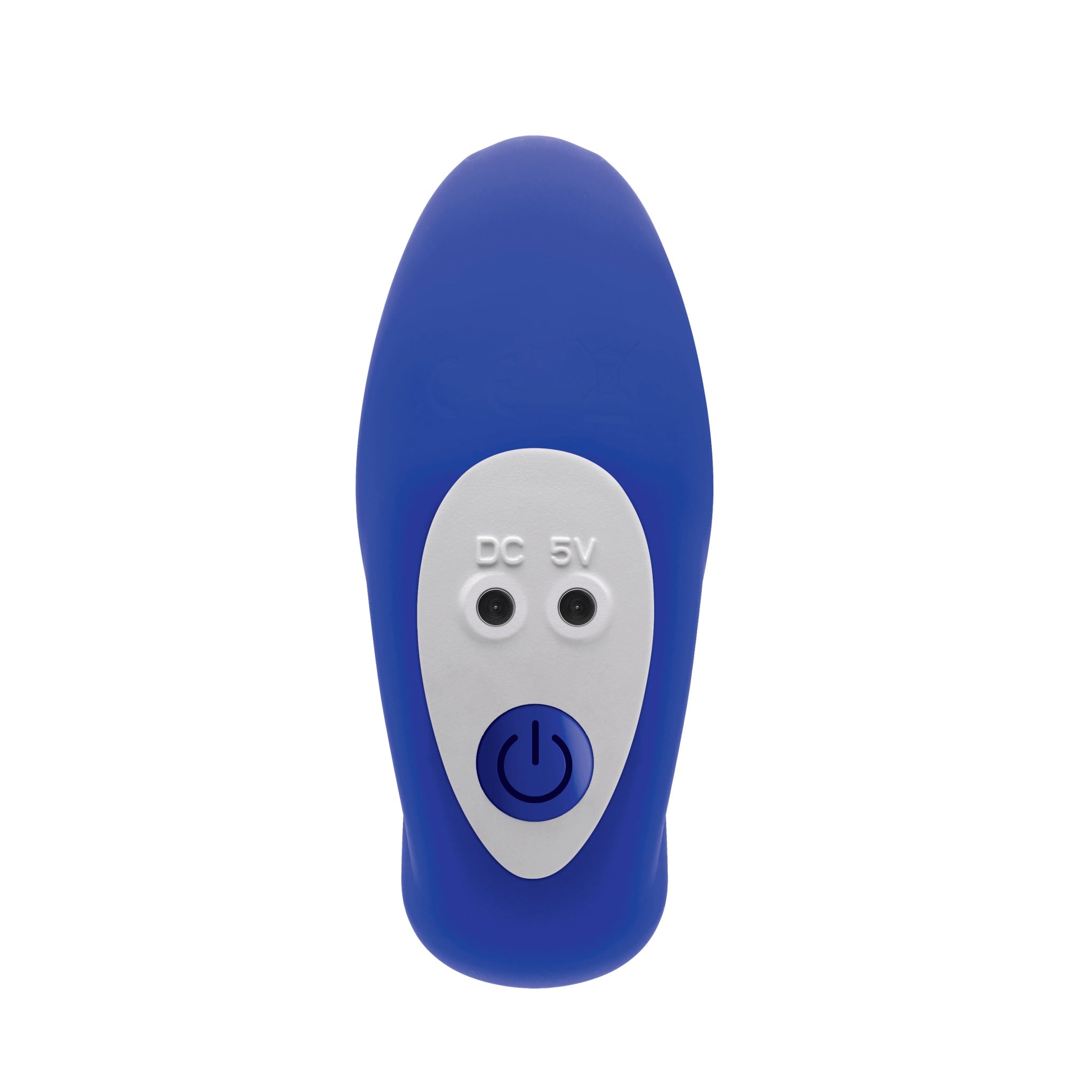 Blue silicone vibrator with a white control panel featuring two charging ports and a power button.