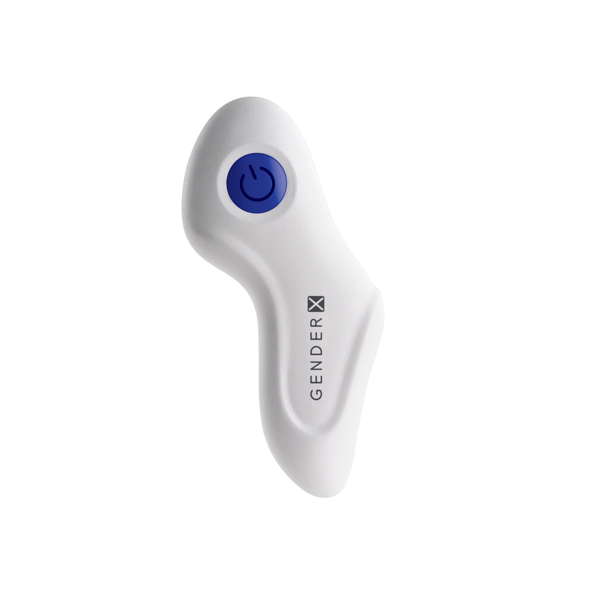 White Gender-X vibrator with a blue power button and text.