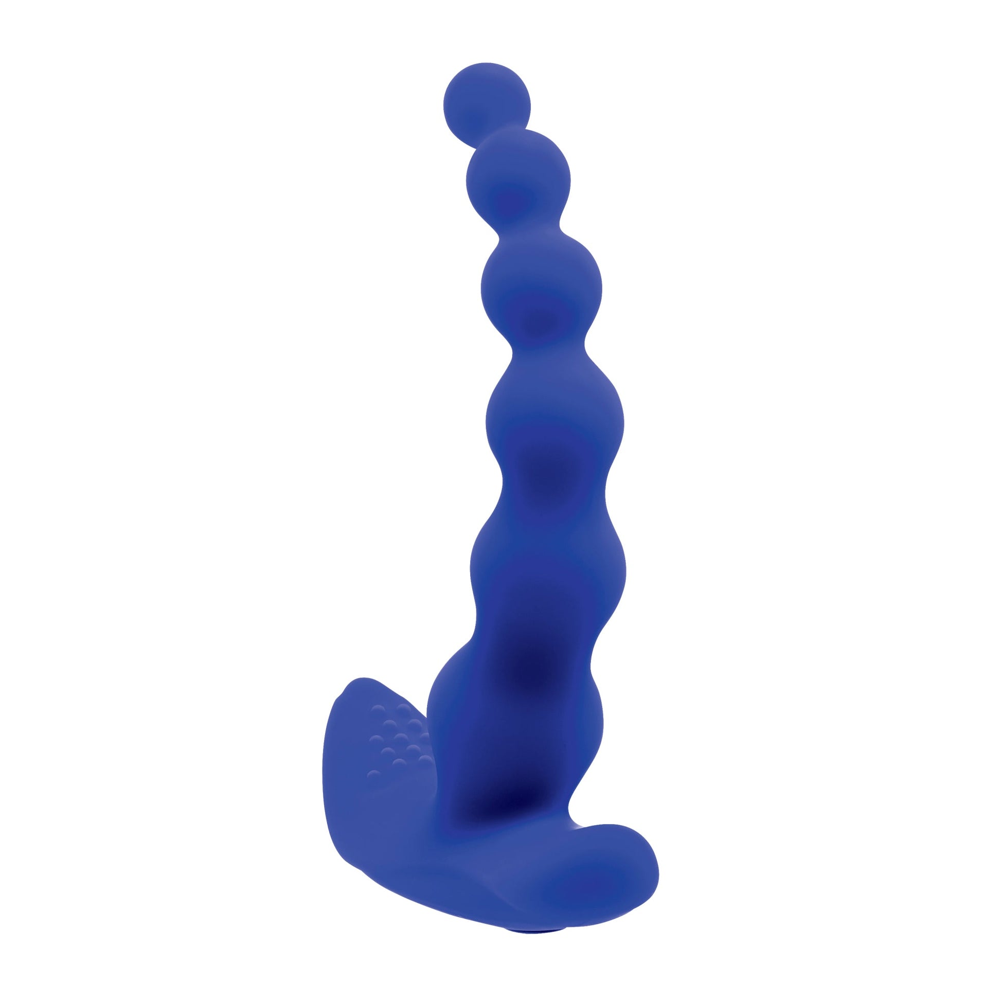 A blue silicone beaded vibrator with a textured base.