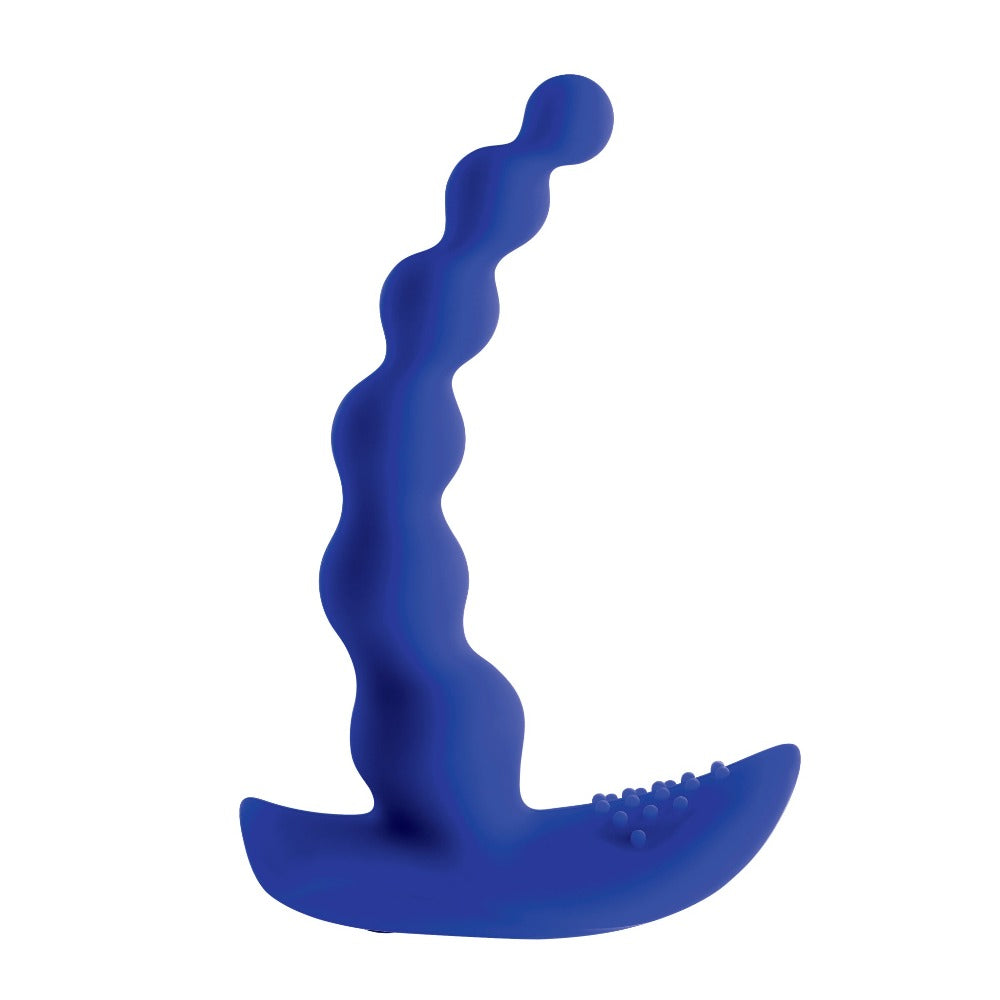 A blue silicone vibrator with a wavy shaft and a textured base.