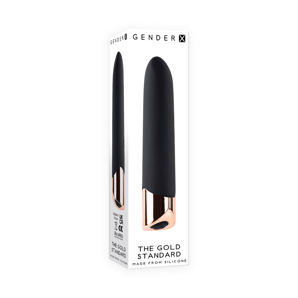 Gender-X rechargeable silicone bullet vibrator with rose gold accents.