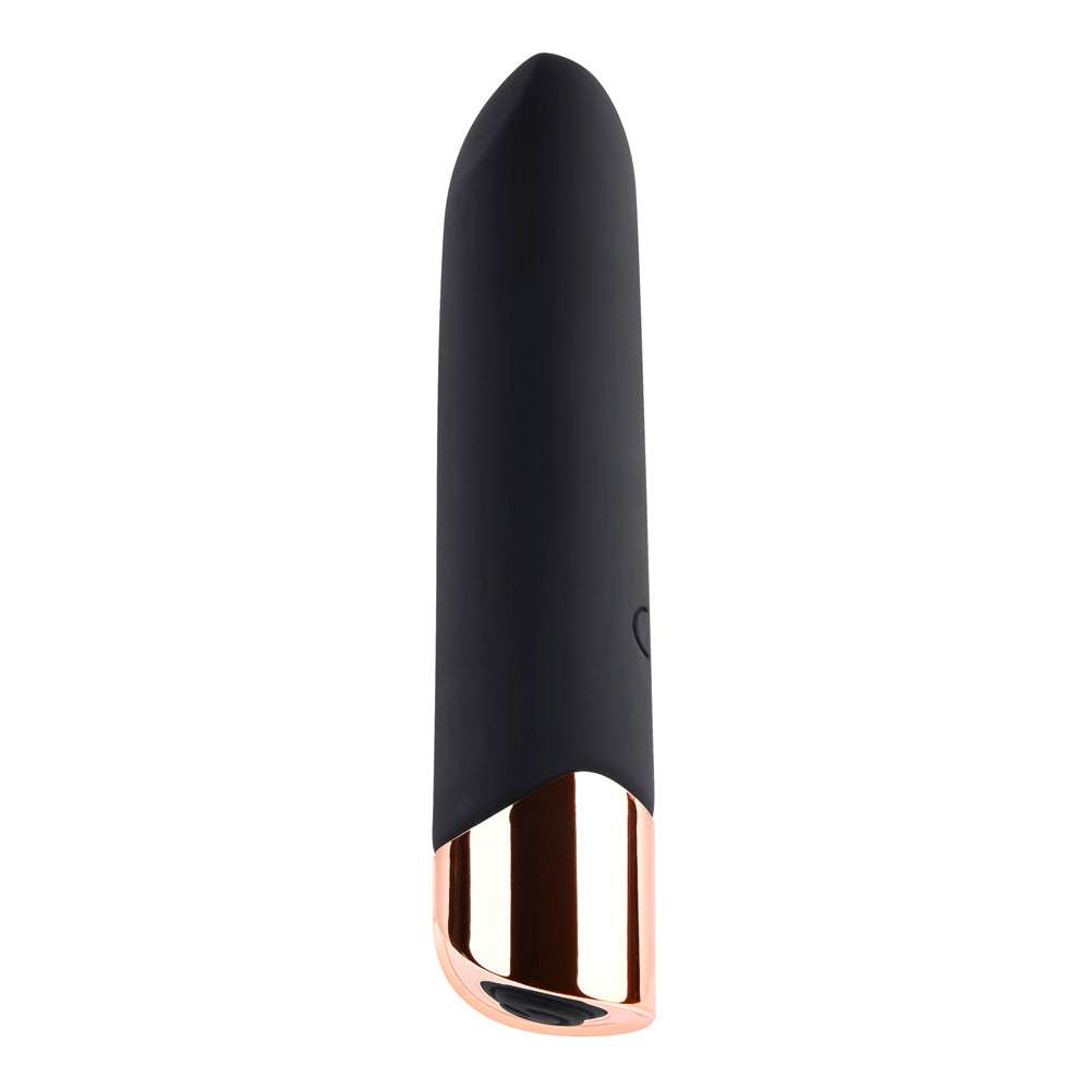 Black silicone bullet vibrator with a rose gold tip.